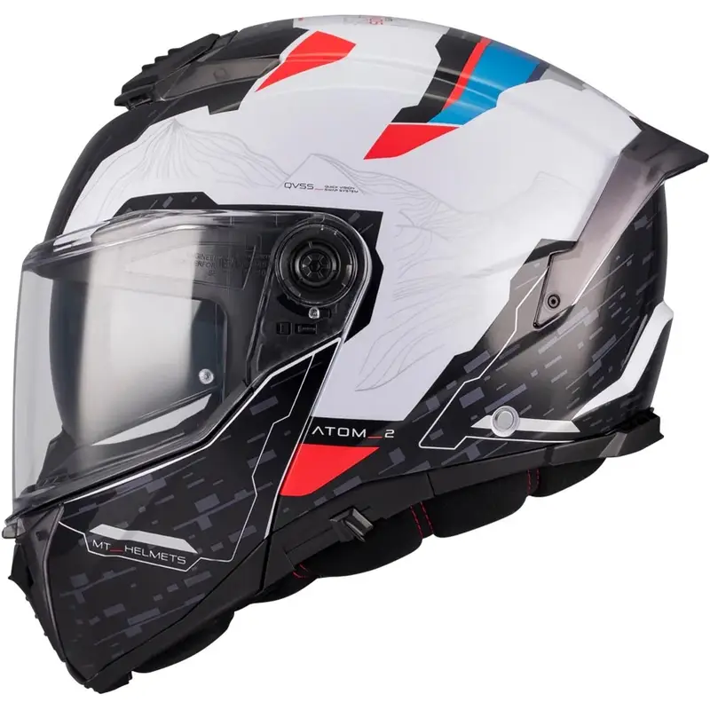 Nízká Cena Výklopná helma na motorku MT Atom 2 SV Highlands A7 černo-bílo-modro-červená