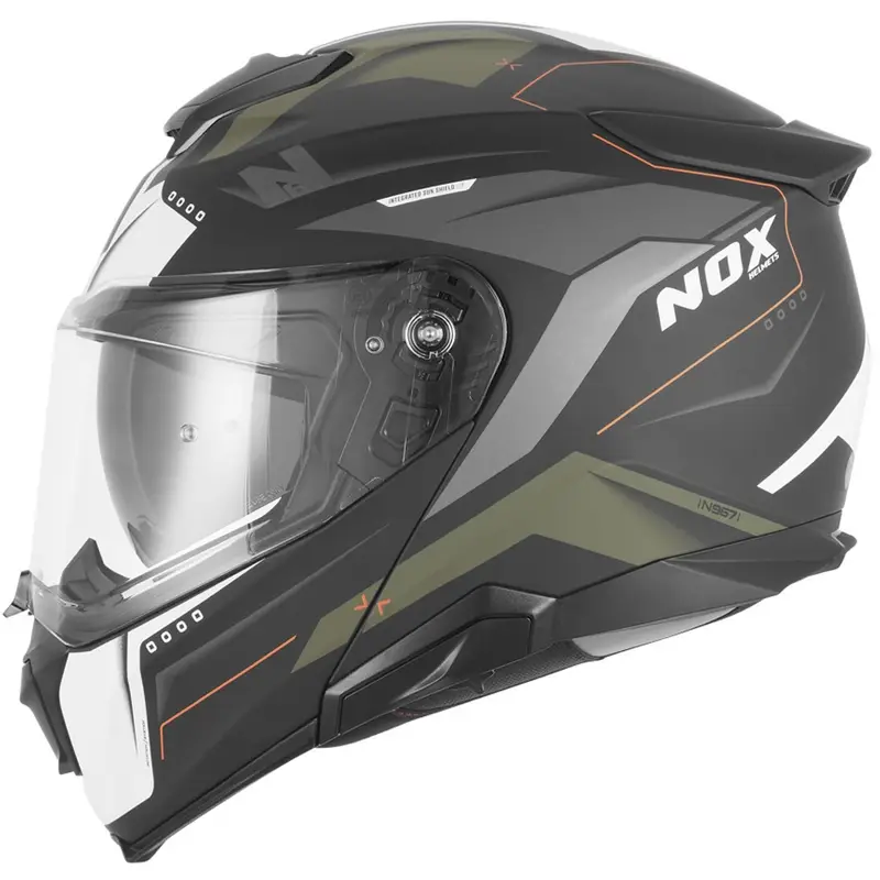 Výklopná helma na motorku NOX N967 Conquer matná černo-khaki-oranžová Novinka
