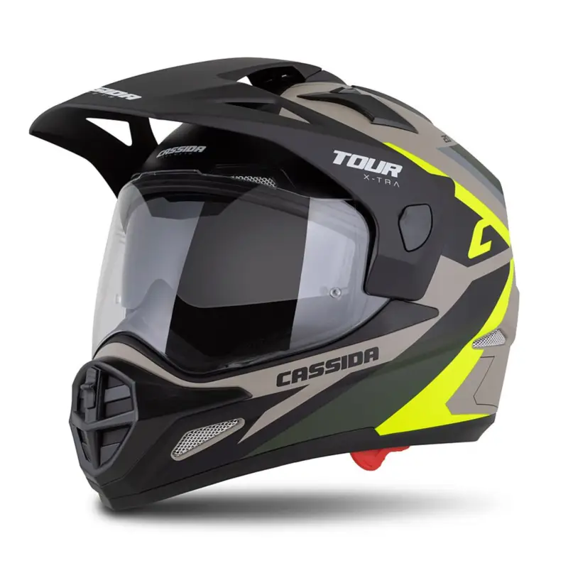 Nová Kolekce CASSIDA Enduro moto přilba Tour 2.0 X-tra  písková matná žlutá fluo zelená černá, plexi s přípravou pro Pinlock