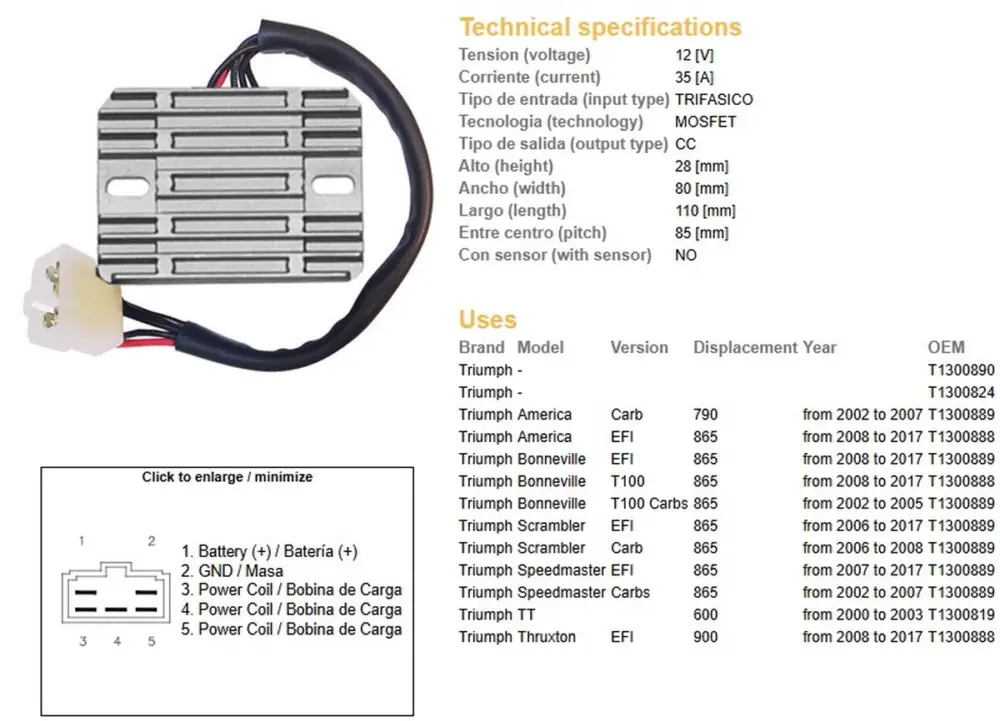 Objednat Nyní DZE regulátor napětí TRIUMPH AMERICA 790/865 02-17; BONNEVILLE 865 02-17; SCRAMBLER/SPEEDMASTER 865 02-17; TT 600 00-03 (T1300889, T1300888) (ESR547)