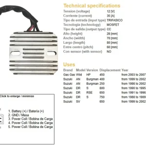 Nová Kolekce DZE regulátor napětí SUZUKI AN 250 BURGMAN 98-02; AN 400 BURGMAN 99-02; SV 650 99-02; DR 650RSE 91-96; DR 750S 88-89; DR 800S 90-95 (32800-34A00, 32800-14F00) 12V35A