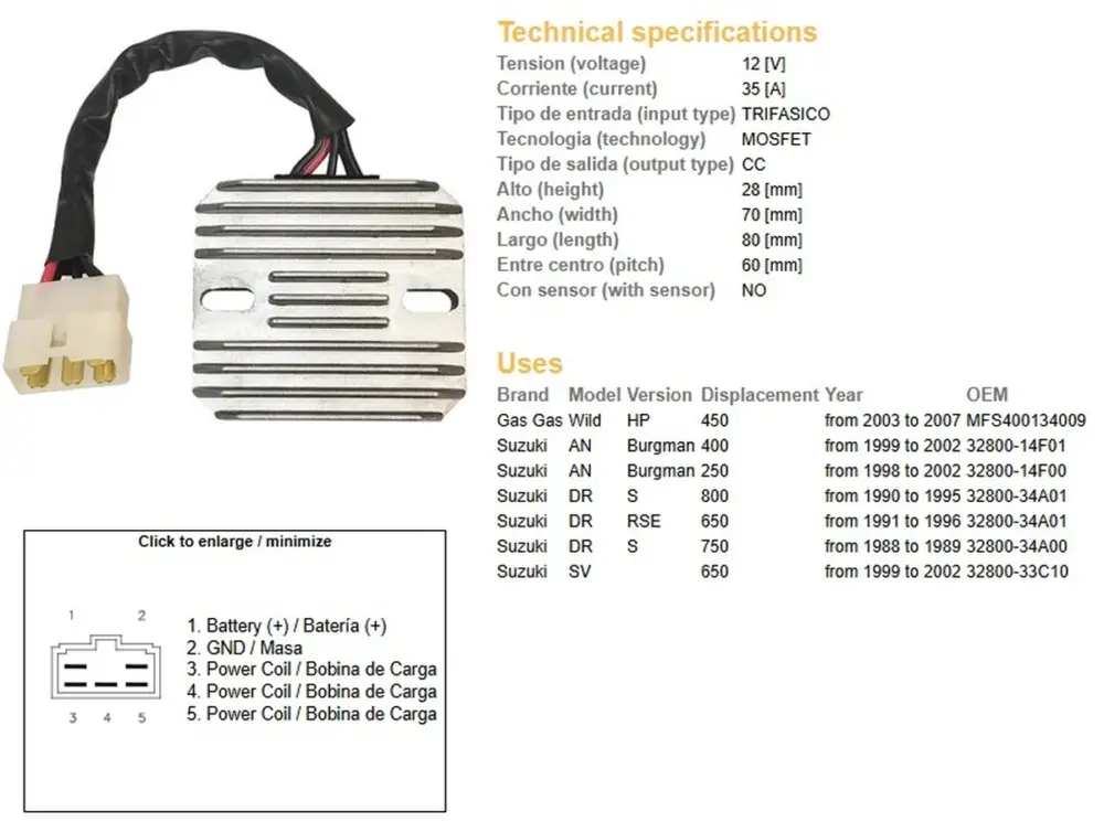 Nová Kolekce DZE regulátor napětí SUZUKI AN 250 BURGMAN 98-02; AN 400 BURGMAN 99-02; SV 650 99-02; DR 650RSE 91-96; DR 750S 88-89; DR 800S 90-95 (32800-34A00, 32800-14F00) 12V35A