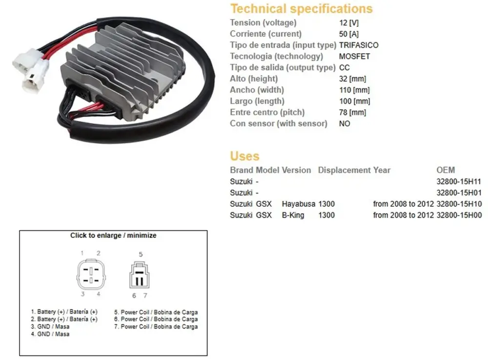 Novinka DZE regulátor napětí SUZUKI GSXR 1300 HAYABUSA 08-12; B-KING 1300 08-12 (50A) (OEM:32800-15H10)