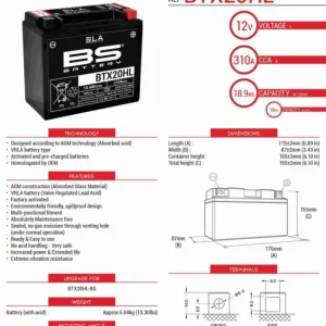 Koupit Online BS akumulátor BTX20HL (FA) (YTX20HL-BS) 12V 18AH 175X87X155 bezúdržbový - plněný (310A) (4)