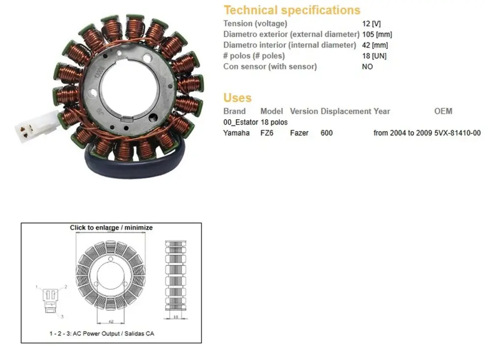 Nízká Cena DZE stator (vinutí) alternátoru YAMAHA FZ6 FAZER 04-09 (5VX-81410-00)