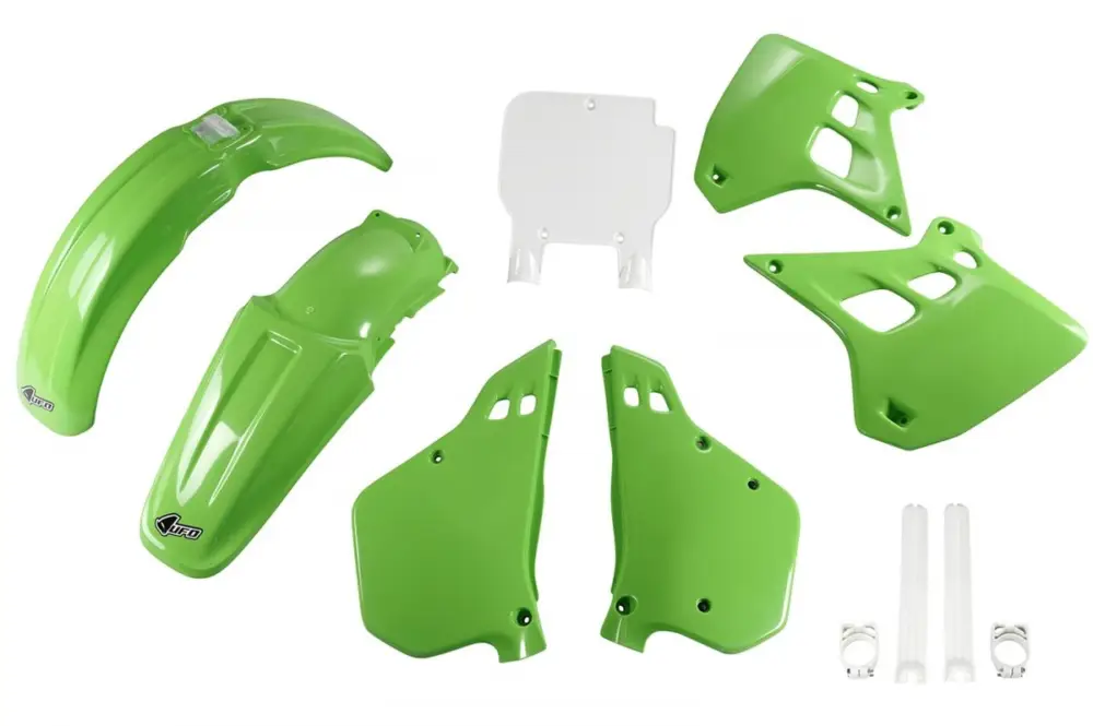 Aktuální UFO kompletní sada plastů (FULL KIT) s kryty tlumičů KAWASAKI KX 250 90-91, barva OEM (zelená/bílá) (KA188E999)