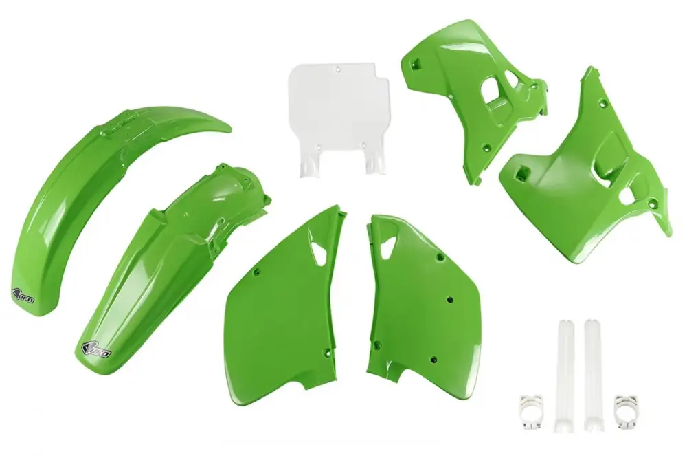 Nakupujte Hned UFO kompletní sada plastů (FULL KIT) s kryty tlumičů KAWASAKI KX 125 / 250 93 barva OEM (zelená/bílá) (KA194E999)