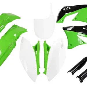 Levný UFO kompletní sada plastů (FULL KIT) s kryty tlumičů KAWASAKI KXF 450 09-11 barva OEM 10-11 (zelená/bílá/černá) (KA216E999)