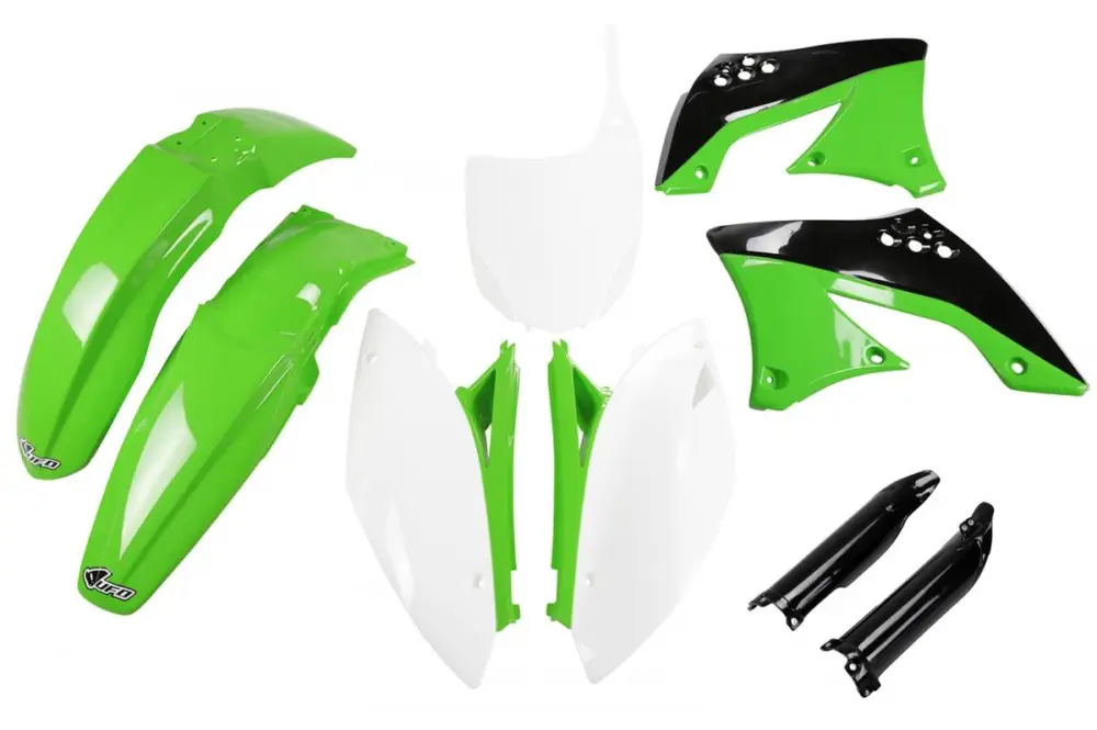 Levný UFO kompletní sada plastů (FULL KIT) s kryty tlumičů KAWASAKI KXF 450 09-11 barva OEM 10-11 (zelená/bílá/černá) (KA216E999)