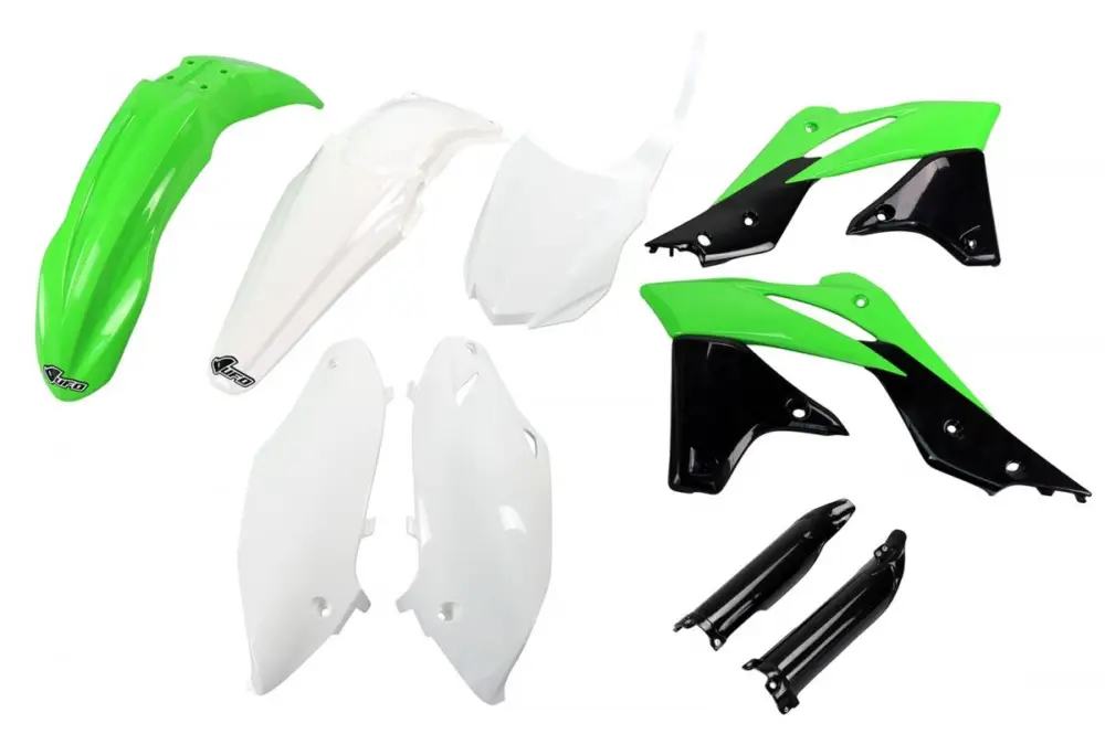 UFO kompletní sada plastů (FULL KIT) s kryty tlumičů KAWASAKI KXF 250 13-16 barva OEM 14-15 (zelená/bílá/černá) (KA221E999) Nízká Cena
