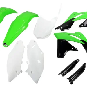UFO kompletní sada plastů (FULL KIT) s kryty tlumičů KAWASAKI KXF 250 13-16 barva OEM 16 (zelená/bílá/černá)(KA221E999A) Omezená Nabídka