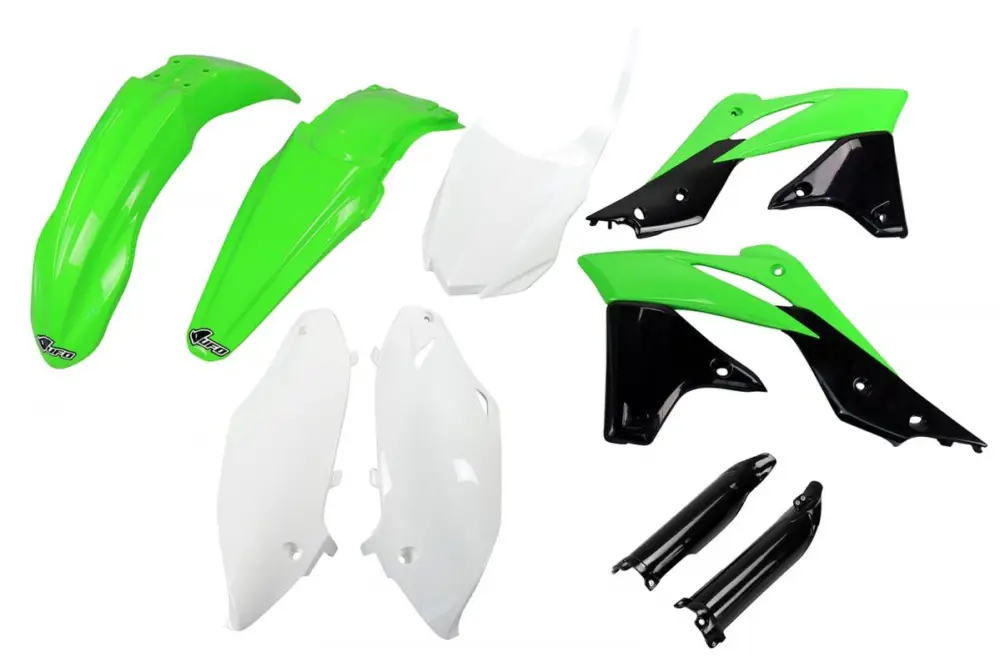UFO kompletní sada plastů (FULL KIT) s kryty tlumičů KAWASAKI KXF 250 13-16 barva OEM 16 (zelená/bílá/černá)(KA221E999A) Omezená Nabídka