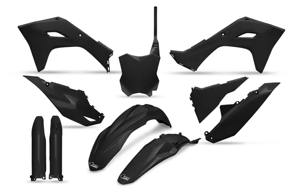 UFO kompletní sada plastů (FULL KIT) s kryty tlumičů KAWASAKI KXF 250 25, KXF 450 24-26, KX 450X 24-26 barva černá Bezpečná Platba