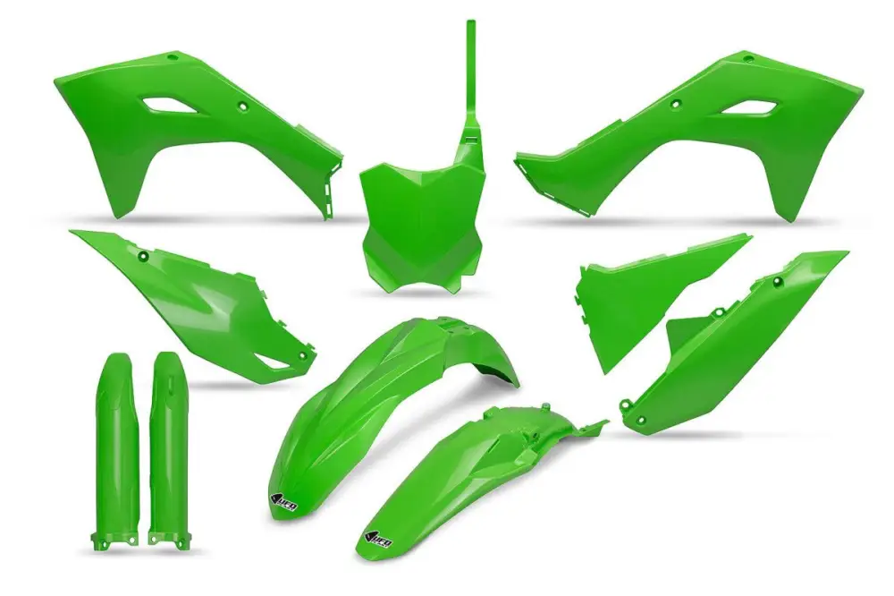 Hit Sezóny UFO kompletní sada plastů (FULL KIT) s kryty tlumičů KAWASAKI KXF 250 25, KXF 450 24-26, KX 450X 24-26 barva OEM zelená