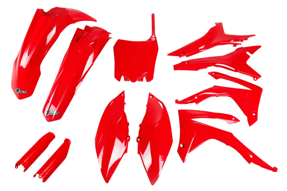 Víkendová Akce UFO kompletní sada plastů (FULL KIT) s kryty tlumičů HONDA CRF 250R 14-17, CRF 450R 13-16 s kryty vzduchového filtru barva červená