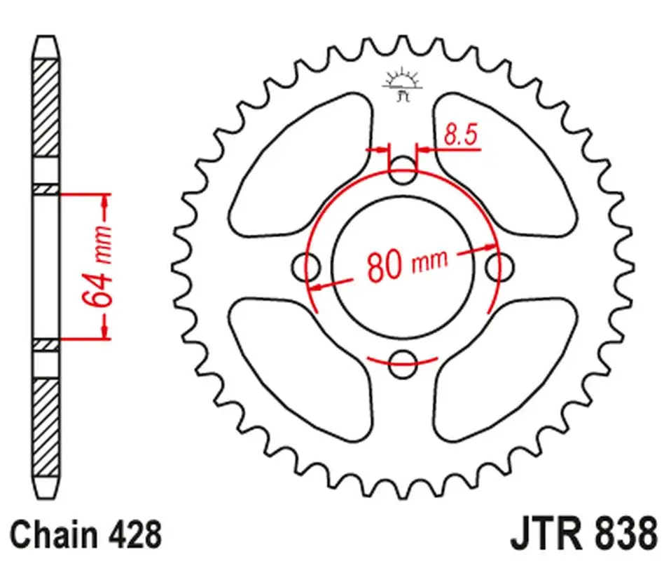 Autentický JT zadní řetězové kolečko 838 49 YAMAHA DT 100 '74-76, JUNAK 125 (83849JT) (řetěz 428)